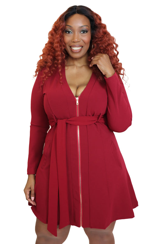 Nia Noir Zip Front Belted Dress